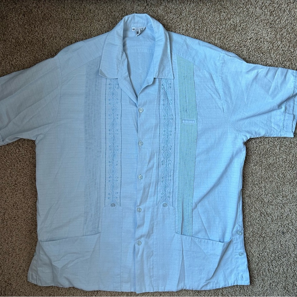 M Sky Blue Vintage Kike Lino Embroidered Button Up Shirt Size 40 |A98